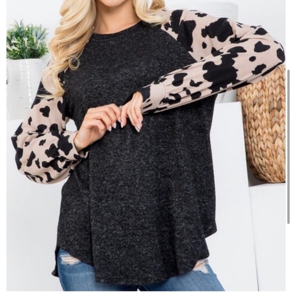 LAST ONE: USA made women’s cow animal print hacci soft brushed long sleeve top - Picture 2 of 3